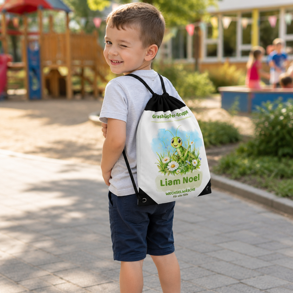 Personalisierbarer Wäschebeutel Grashüpfer-Gruppe – Wechselwäsche für Kinder