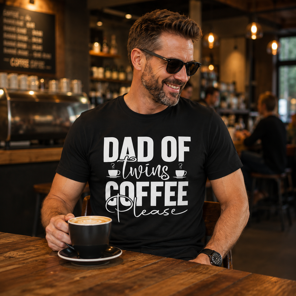 Dad of Twins Coffee Please T-Shirt – Lustiges Zwillingspapa Shirt für den Elternalltag