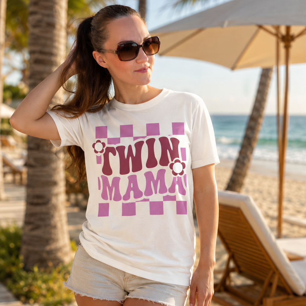 Twin Mama Retro Flower Shirt | Stylisches Mama T-Shirt mit Vintage-Blumen Design
